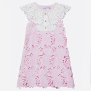 ♥️HP Self-Portrait Pink Cotton Guipure Bib Dress UK Sz 6-7 Pink Lace Worn 1x